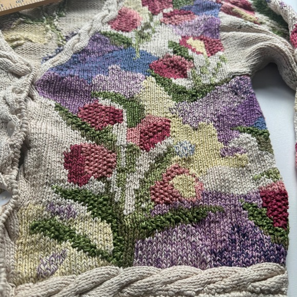 Peruvian Connection Pima Cotton Floral Knit Cardigan Sweater –‎ Size S Cream - Picture 5 of 9